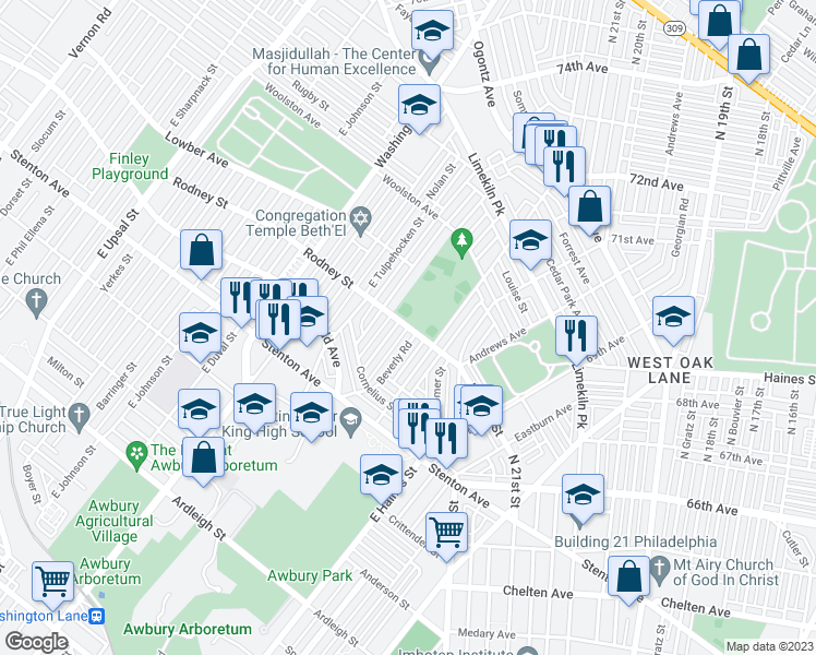 map of restaurants, bars, coffee shops, grocery stores, and more near Rodney Street in Philadelphia