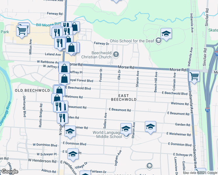 map of restaurants, bars, coffee shops, grocery stores, and more near 238 East Royal Forest Boulevard in Columbus