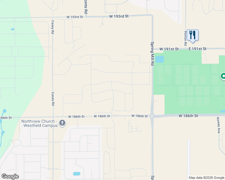map of restaurants, bars, coffee shops, grocery stores, and more near 18950 Spring Mill Road in Westfield