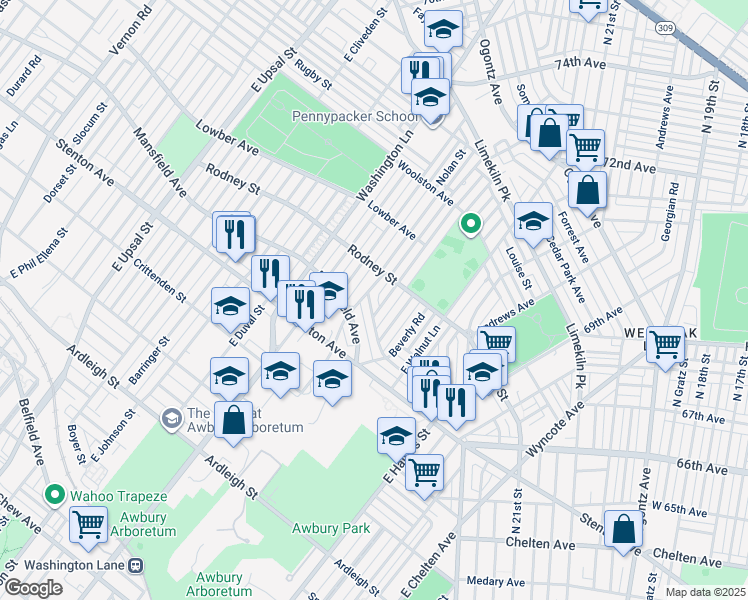 map of restaurants, bars, coffee shops, grocery stores, and more near 7271 Cornelius Street in Philadelphia