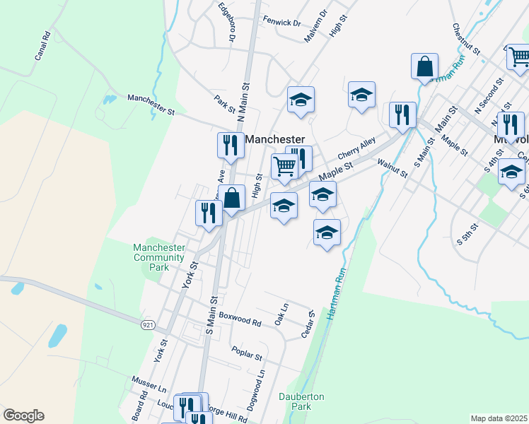 map of restaurants, bars, coffee shops, grocery stores, and more near 121 Mason Avenue in Manchester