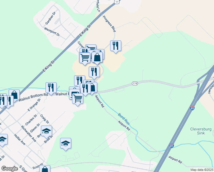 map of restaurants, bars, coffee shops, grocery stores, and more near 115 Walnut Bottom Road in Shippensburg