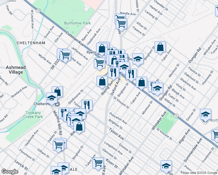 map of restaurants, bars, coffee shops, grocery stores, and more near 7224-32 Rising Sun Avenue in Philadelphia