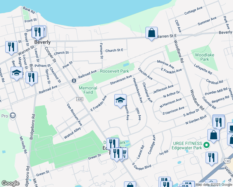 map of restaurants, bars, coffee shops, grocery stores, and more near 116 Stevenson Avenue in Beverly