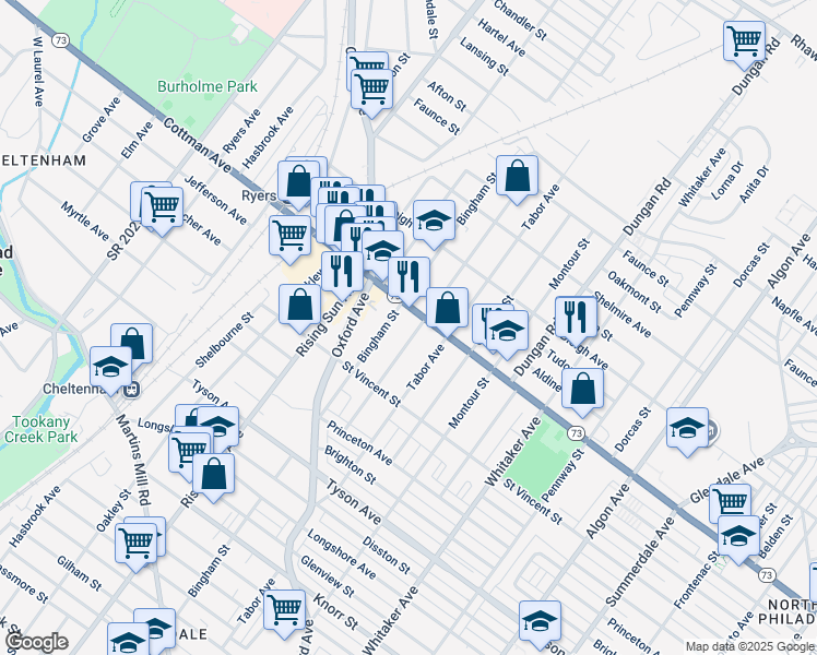 map of restaurants, bars, coffee shops, grocery stores, and more near 7256 Lawndale Avenue in Philadelphia