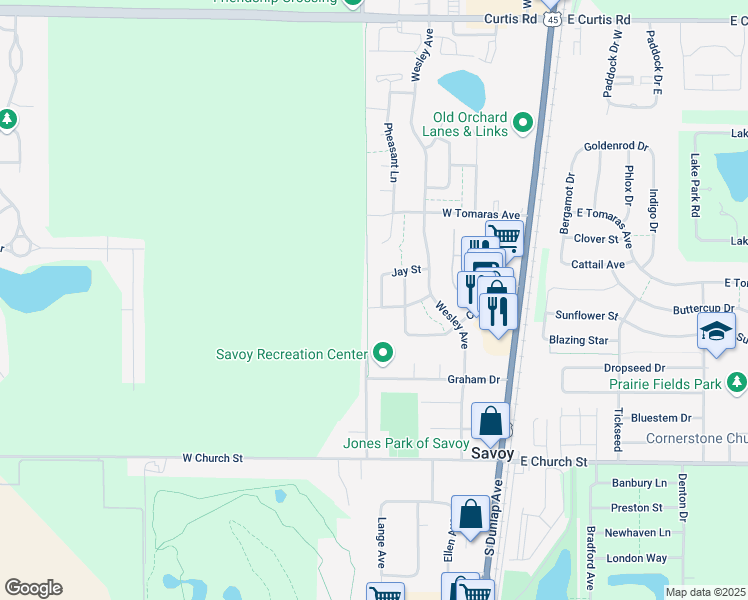 map of restaurants, bars, coffee shops, grocery stores, and more near 507 Cushing Drive in Savoy