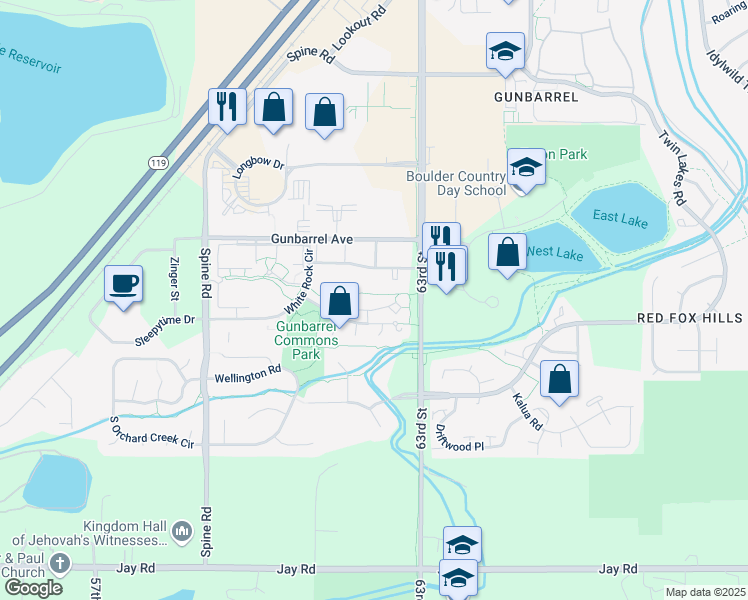 map of restaurants, bars, coffee shops, grocery stores, and more near 6200 Habitat Drive in Boulder
