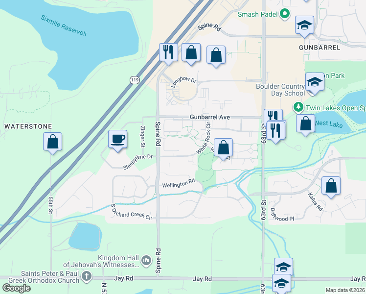 map of restaurants, bars, coffee shops, grocery stores, and more near 4795 White Rock Circle in Boulder