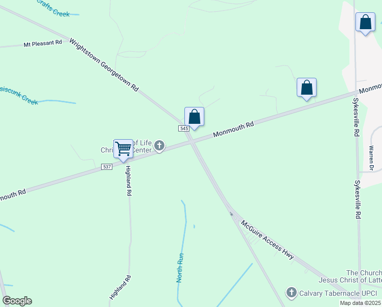 map of restaurants, bars, coffee shops, grocery stores, and more near 211 Georgetown Wrightstown Road in Wrightstown