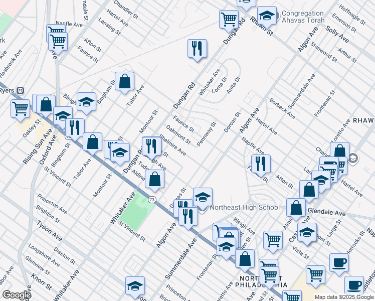 map of restaurants, bars, coffee shops, grocery stores, and more near 1425 Oakmont Street in Philadelphia