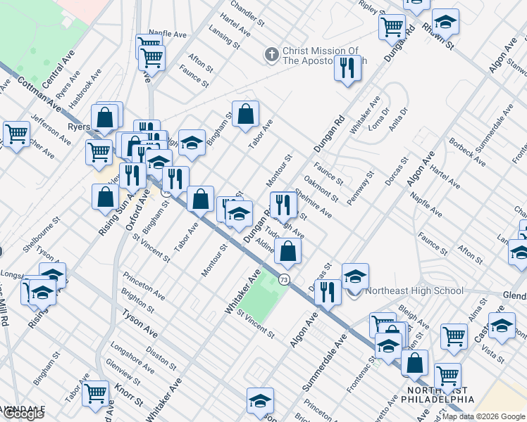 map of restaurants, bars, coffee shops, grocery stores, and more near 7415 Montour Street in Philadelphia