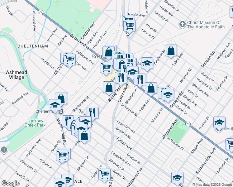 map of restaurants, bars, coffee shops, grocery stores, and more near 7224-32 Rising Sun Avenue in Philadelphia