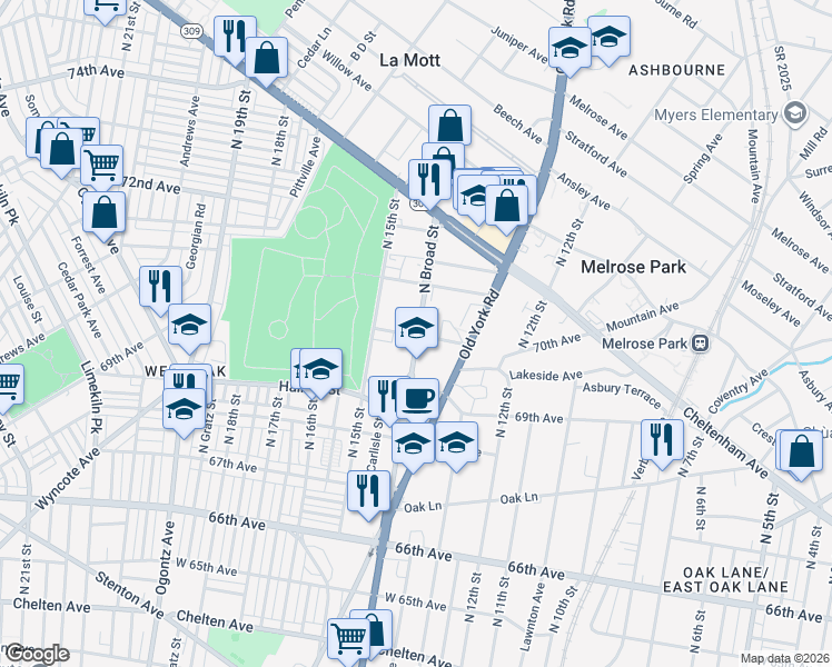 map of restaurants, bars, coffee shops, grocery stores, and more near 7033R North Broad Street in Philadelphia