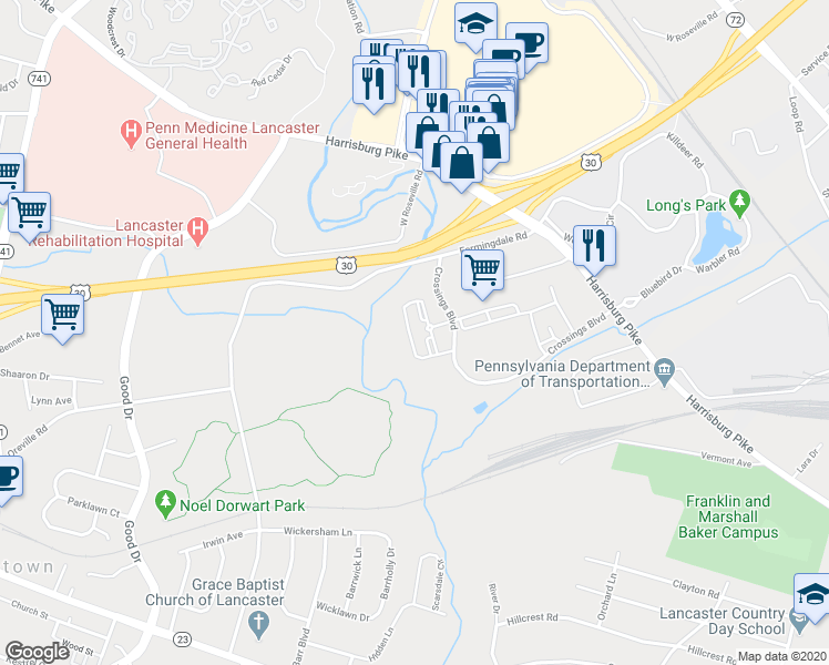 map of restaurants, bars, coffee shops, grocery stores, and more near 4000 Crossings Blvd in Lancaster