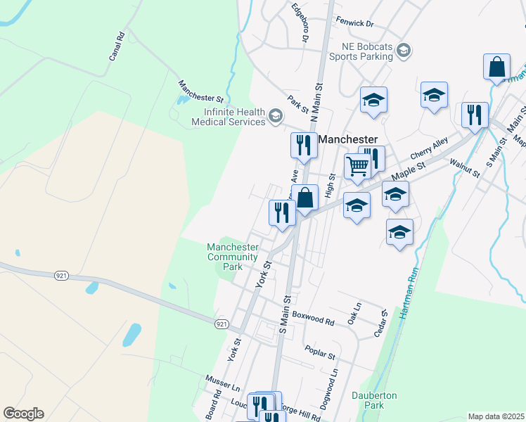 map of restaurants, bars, coffee shops, grocery stores, and more near 218 North Liverpool Street in Manchester
