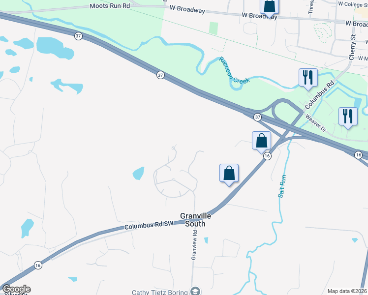 map of restaurants, bars, coffee shops, grocery stores, and more near 2158 Columbus Road in Granville