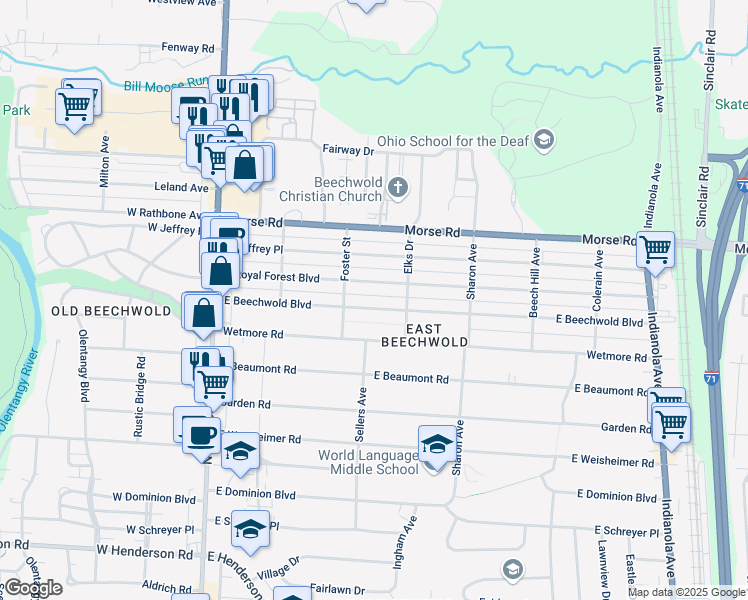 map of restaurants, bars, coffee shops, grocery stores, and more near 238 East Royal Forest Boulevard in Columbus