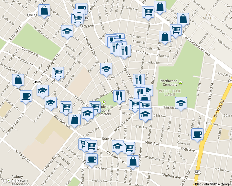 map of restaurants, bars, coffee shops, grocery stores, and more near 6957 Limekiln Pike in Philadelphia