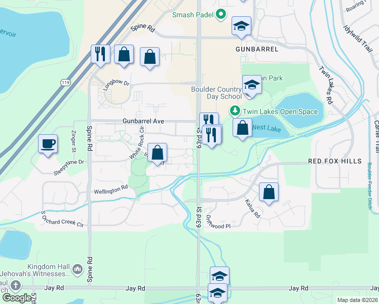 map of restaurants, bars, coffee shops, grocery stores, and more near 4725 Nautilus Court South in Boulder