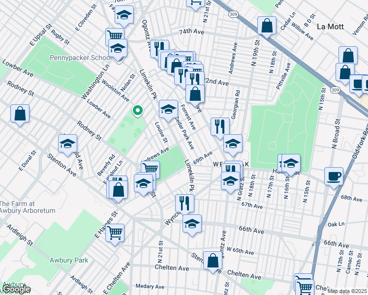 map of restaurants, bars, coffee shops, grocery stores, and more near 6957 Limekiln Pike in Philadelphia