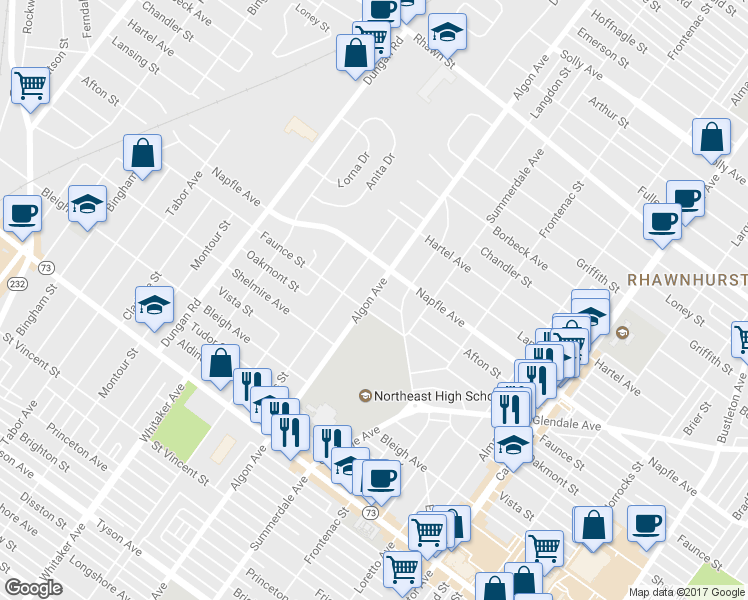 map of restaurants, bars, coffee shops, grocery stores, and more near 1600 Afton Street in Philadelphia
