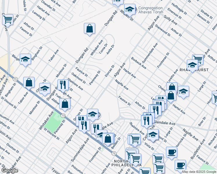 map of restaurants, bars, coffee shops, grocery stores, and more near 1600 Afton Street in Philadelphia