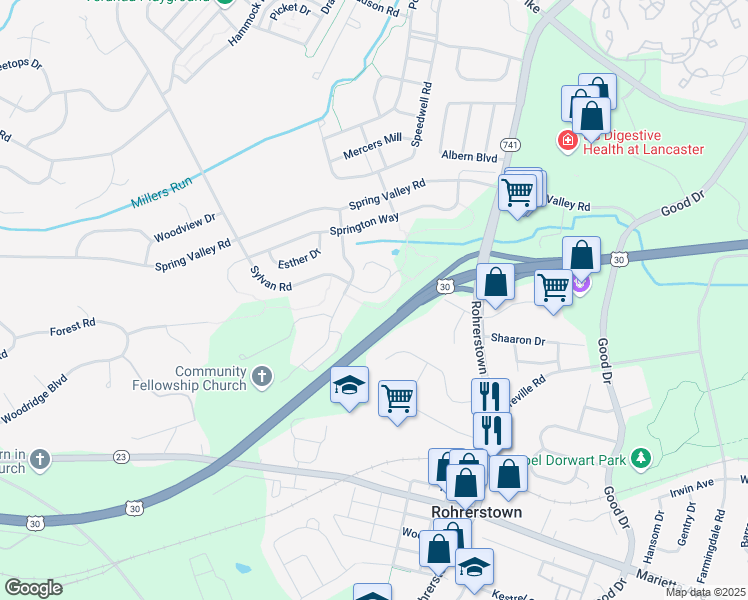 map of restaurants, bars, coffee shops, grocery stores, and more near 780 Sylvan Road in Lancaster