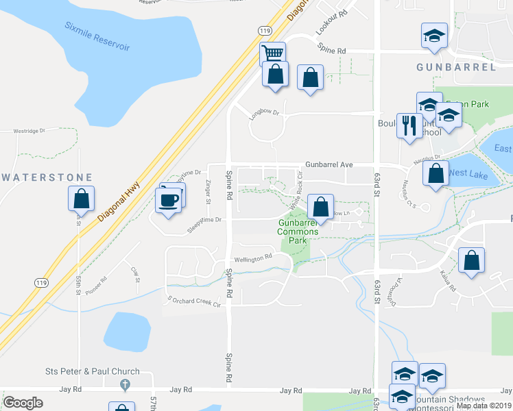 map of restaurants, bars, coffee shops, grocery stores, and more near 4795 White Rock Circle in Boulder