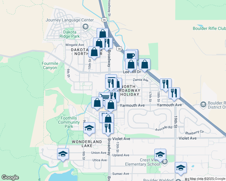 map of restaurants, bars, coffee shops, grocery stores, and more near 4730 Broadway in Boulder