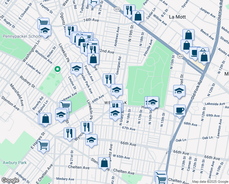 map of restaurants, bars, coffee shops, grocery stores, and more near 1944 69th Ave in Philadelphia