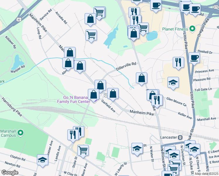 map of restaurants, bars, coffee shops, grocery stores, and more near 1135 Dillerville Road in Lancaster