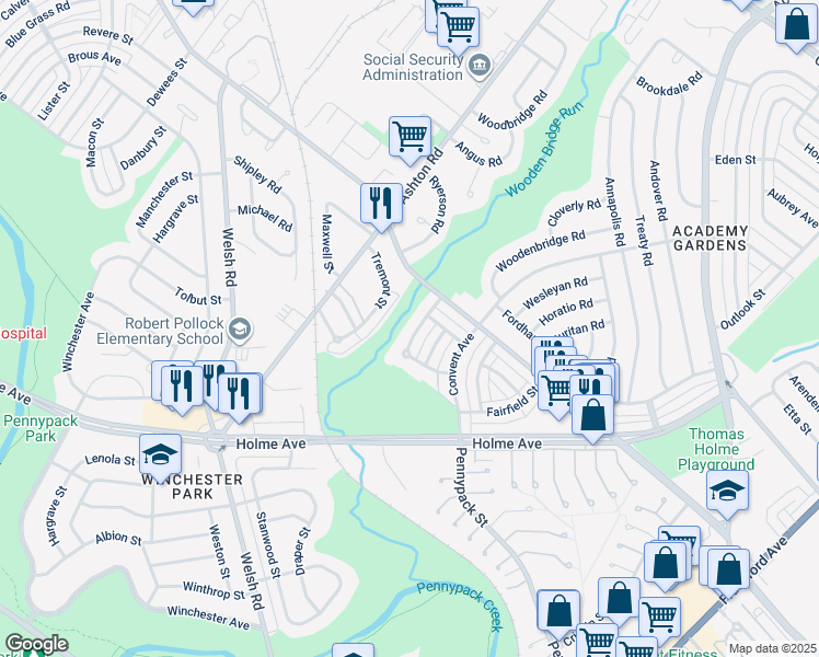 map of restaurants, bars, coffee shops, grocery stores, and more near 9018 Cloverly Road in Philadelphia
