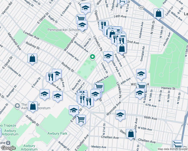 map of restaurants, bars, coffee shops, grocery stores, and more near 1643 Middleton Street in Philadelphia