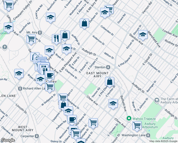 map of restaurants, bars, coffee shops, grocery stores, and more near 330 East Gorgas Lane in Philadelphia