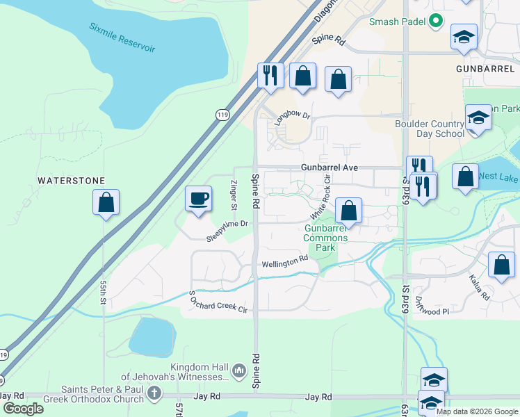 map of restaurants, bars, coffee shops, grocery stores, and more near 5924 Gunbarrel Avenue in Boulder