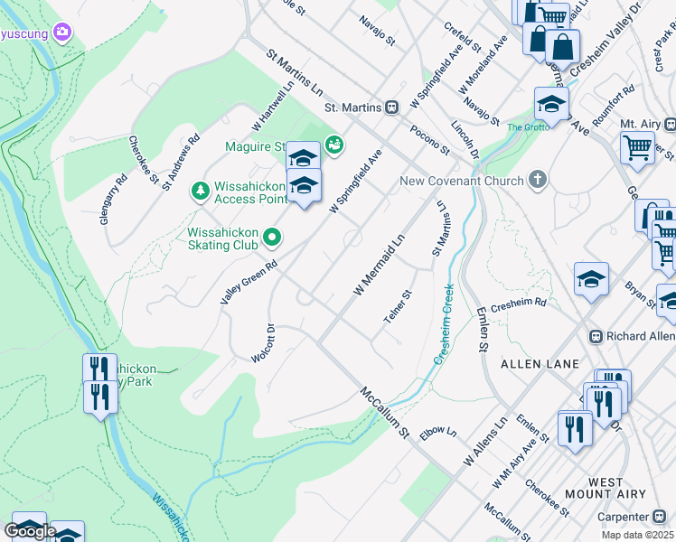 map of restaurants, bars, coffee shops, grocery stores, and more near 530 West Moreland Avenue in Philadelphia