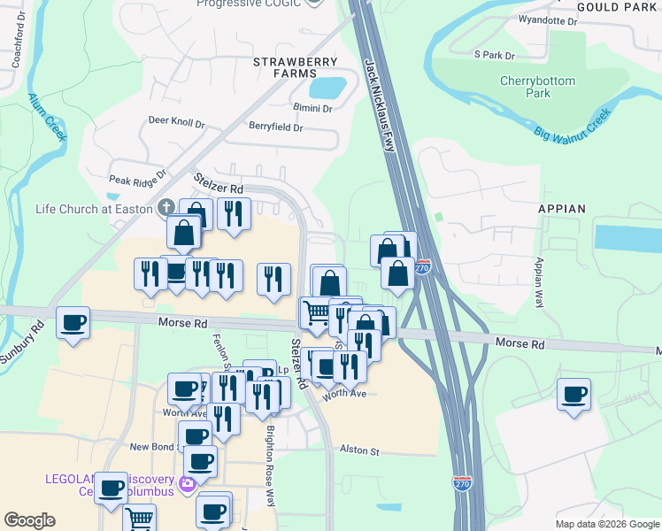 map of restaurants, bars, coffee shops, grocery stores, and more near 4260 Stelzer Road in Columbus