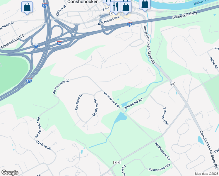 map of restaurants, bars, coffee shops, grocery stores, and more near 1301 Prospect Hill Road in Villanova