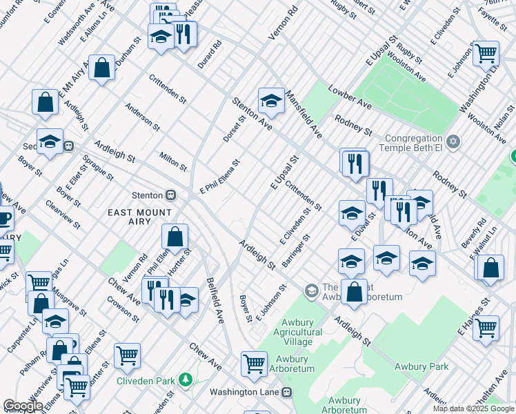 map of restaurants, bars, coffee shops, grocery stores, and more near E Upsal St & Anderson St in Philadelphia