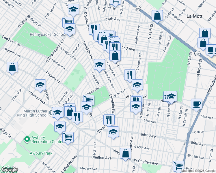 map of restaurants, bars, coffee shops, grocery stores, and more near 7000 Cedar Park Avenue in Philadelphia