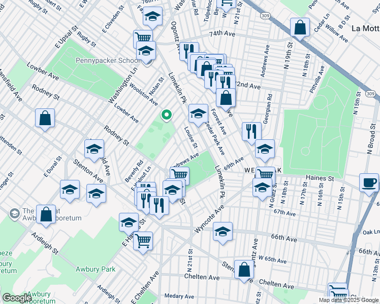 map of restaurants, bars, coffee shops, grocery stores, and more near 7011 Woolston Avenue in Philadelphia