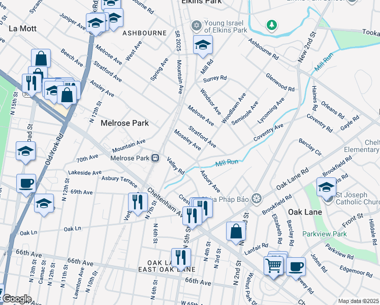 map of restaurants, bars, coffee shops, grocery stores, and more near 13 Asbury Avenue in Melrose Park