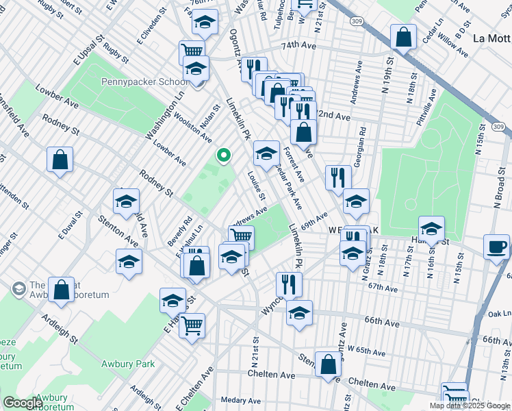 map of restaurants, bars, coffee shops, grocery stores, and more near 7011 Woolston Avenue in Philadelphia