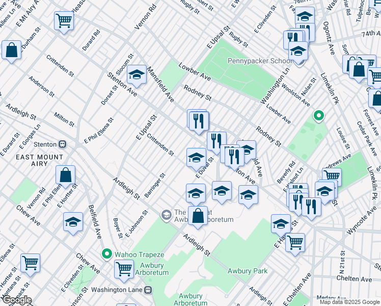 map of restaurants, bars, coffee shops, grocery stores, and more near 1315 East Johnson Street in Philadelphia