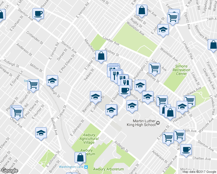 map of restaurants, bars, coffee shops, grocery stores, and more near 1315 East Johnson Street in Philadelphia