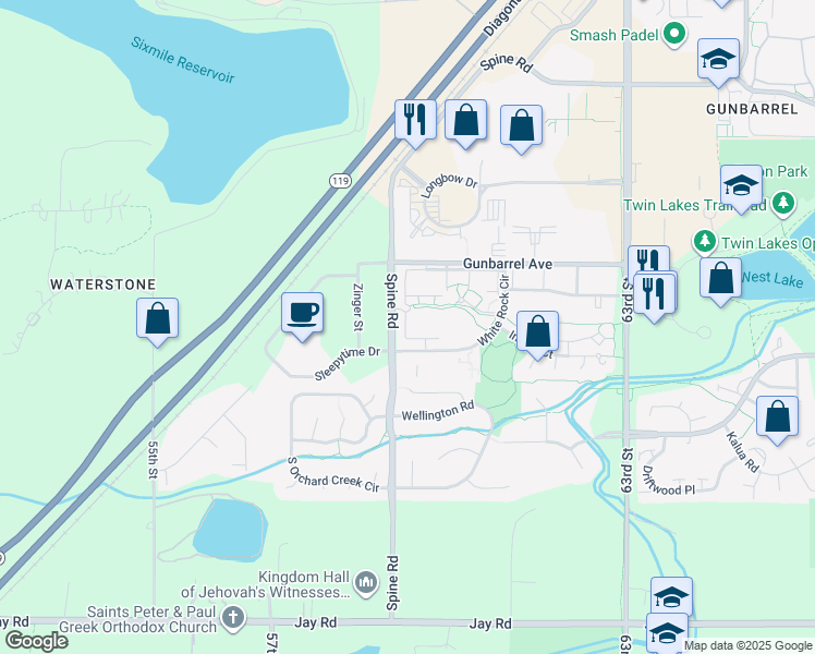map of restaurants, bars, coffee shops, grocery stores, and more near 4721 Spine Road in Boulder