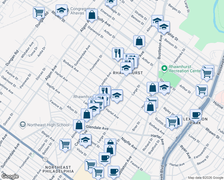 map of restaurants, bars, coffee shops, grocery stores, and more near 1919 Griffith Street in Philadelphia