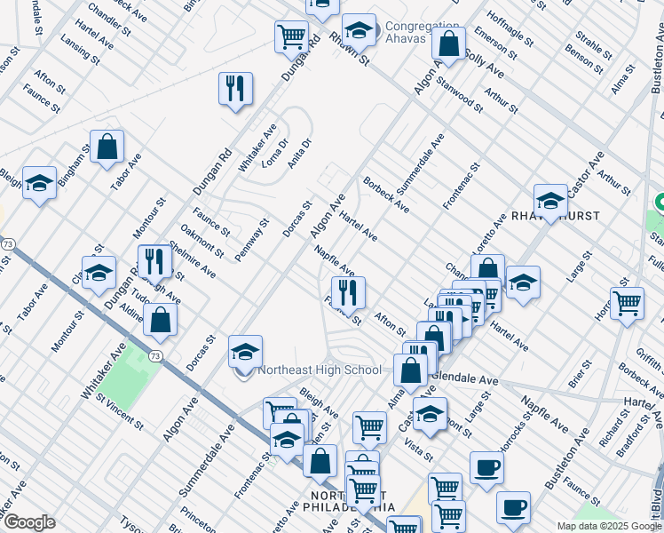 map of restaurants, bars, coffee shops, grocery stores, and more near 7630 Langdon Street in Philadelphia