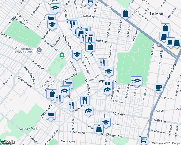 map of restaurants, bars, coffee shops, grocery stores, and more near 6949 Forrest Avenue in Philadelphia