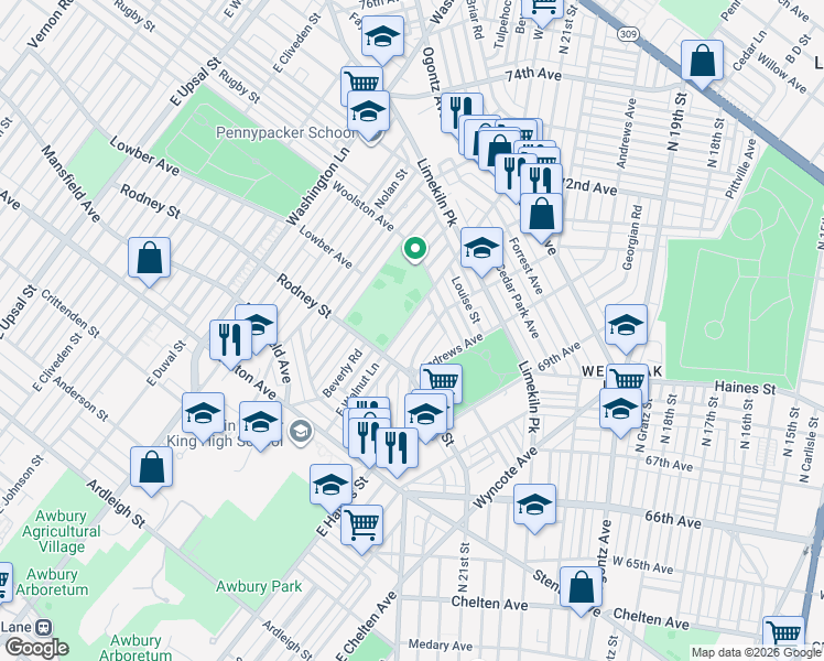 map of restaurants, bars, coffee shops, grocery stores, and more near 1650 East Walnut Lane in Philadelphia